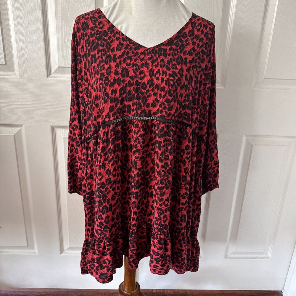 Avenue Red Leopard Womens Tunic‎ Top Plus Size 26/28 Apx 3X V Neck Animal Print